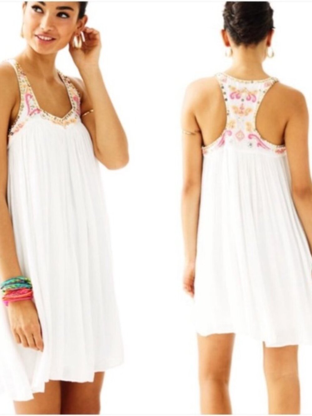 Lilly Pulitzer White Lorna Mini Dress with bright Sequin & Beads Sz Large Beachy